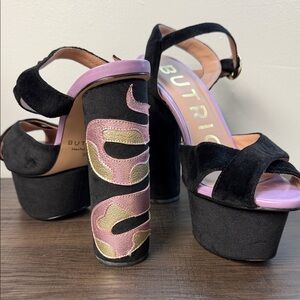Butrich Black Suede Platform Sandals with Purple & Gold Heel Detail